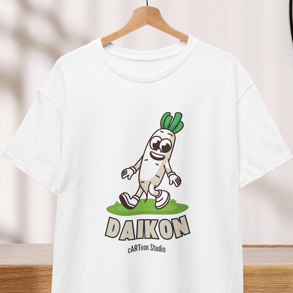 Retro DAIKON Tshirt with Funny Design, Cartoon Tee Shirt Oversized Unisex, Cute Children and mother gift, Shirt dress bed or cooking shirt