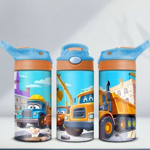 Trucks 12oz Kids Flip Top Sippy Cup Tumbler Wrap, 12oz Straight Tumbler Sublimation PNG, Kids Trucks Tumbler Wrap Design PNG