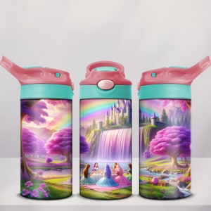 Princess Party 12oz Kids Flip Top Sippy Cup Tumbler Wrap, 12oz Straight Tumbler Sublimation PNG, Childrens Princess Tumbler Wrap Design PNG