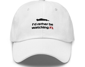 May include: White baseball cap with black embroidery that reads "I'd rather be watching F1" with a silhouette of a race car above the text.