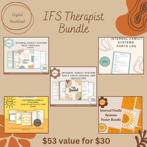 May include: A digital download bundle for IFS therapists, featuring a note template, parts log, daily parts journal, parts activity for kids, and a poster bundle. The bundle is illustrated with a sun and flower design and includes the text "IFS Therapist Bundle" and "$53 value for $30".