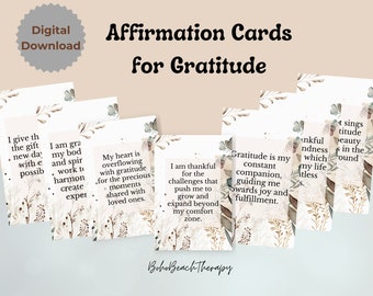 May include: Set of 6 printable affirmation cards with a watercolour background and floral accents. The cards feature positive affirmations about gratitude, such as "I am thankful for the challenges that push me to grow and expand beyond my comfort zone."