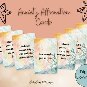 Afirmaciones positivas imprimibles para aliviar la ansiedad, Afirmaciones positivas diarias, Tarjetas de cuidado personal diario, Tarjetas digitales, Herramientas de terapia