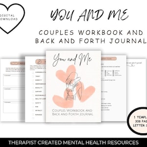 Puede incluir: Un cuaderno de trabajo y un diario para parejas imprimibles con un esquema de color rosa y blanco. La portada presenta un dibujo lineal de una pareja abrazándose con el texto "You and Me" y "Couples Workbook and Back and Forth Journal". El texto "1 Template, 308 Pages, Letter Size" está en la esquina inferior derecha.