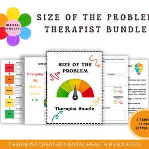 May include: A printable worksheet for therapists to help clients assess the size of a problem. The worksheet features a gauge with a red, orange, yellow, green, and blue colour scheme. The gauge is labelled "Size of the Problem" and "Therapist Bundle". The worksheet also includes a section for "Situations", "Reactions", "Thoughts", and "Steps".