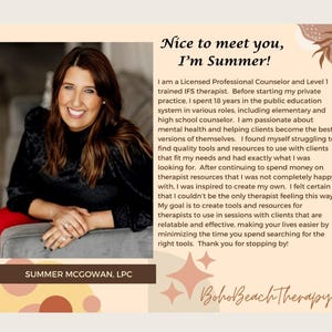 Pu&ograve; includere: Una donna con i capelli castani e un sorriso caldo &egrave; seduta su una sedia. Indossa una camicetta nera e una gonna rossa. Il testo "Nice to meet you, I'm Summer!" &egrave; in alto nell'immagine. Il testo "SUMMER MCGOWAN, LPC" &egrave; in basso nell'immagine. Il testo "Boho Beach Therapy" &egrave; in basso a destra nell'immagine.