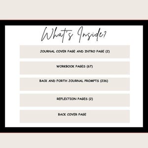Pu&ograve; includere: Una grafica in bianco e nero con il testo "What's Inside?" e un elenco dei contenuti del diario: Journal Cover Page and Intro Page (2), Workbook Pages (67), Back and Forth Journal Prompts (236), Reflection Pages (2), Back Cover Page.