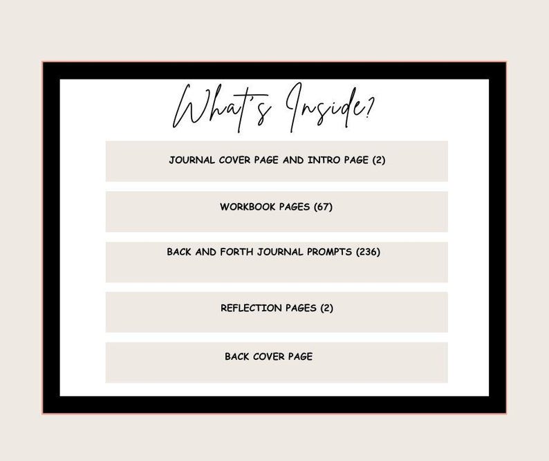 Pu&ograve; includere: Una grafica in bianco e nero con il testo "What's Inside?" e un elenco dei contenuti del diario: Journal Cover Page and Intro Page (2), Workbook Pages (67), Back and Forth Journal Prompts (236), Reflection Pages (2), Back Cover Page.