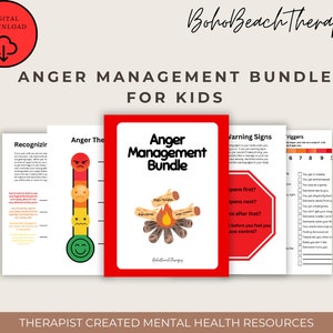 May include: A red, white, and green anger management bundle for kids. The bundle includes a thermometer with different facial expressions, a campfire with angry thoughts, and a worksheet with warning signs and triggers.