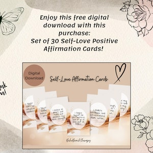 May include: A digital download of 30 self-love affirmation cards. The cards feature a variety of positive affirmations, such as "I treat myself with complete understanding" and "I radiate self-assurance and self-worth".