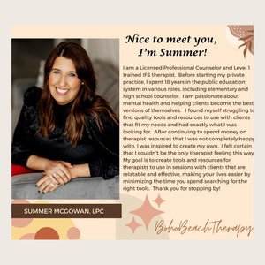 May include: A woman with brown hair and a warm smile sits in a chair. She is wearing a black and white patterned top and a ring on her finger. The text "Nice to meet you, I'm Summer!" is at the top of the image. The text "SUMMER MCGOWAN, LPC" is at the bottom of the image. The text "Boho Beach Therapy" is at the bottom of the image.