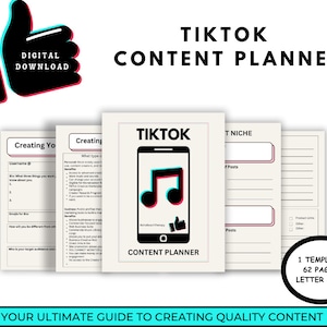 Könnte beinhalten: Ein druckbarer TikTok-Content-Planer mit einem schwarz-weißen Design. Der Planer enthält Abschnitte zum Erstellen Ihres Profils, zur Planung Ihrer Nische und zur Planung von Beiträgen. Der Planer umfasst 62 Seiten und hat das Format Letter.