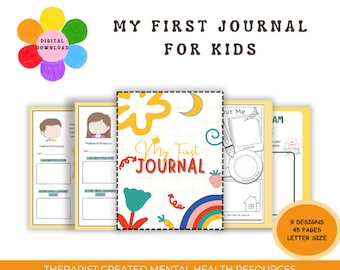 May include: A colorful printable journal for kids with the title "My First Journal" and a rainbow, flowers, and a crown. The journal has 9 designs and 45 pages, letter size.