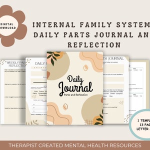 Può includere: Un download digitale di un Diario per i Sistemi Familiari Interni, con il testo "Daily Journal Parts and Reflection". Il diario include modelli per la riflessione settimanale e quotidiana, con 13 pagine in formato lettera. Il design presenta una palette di colori neutri con forme astratte.