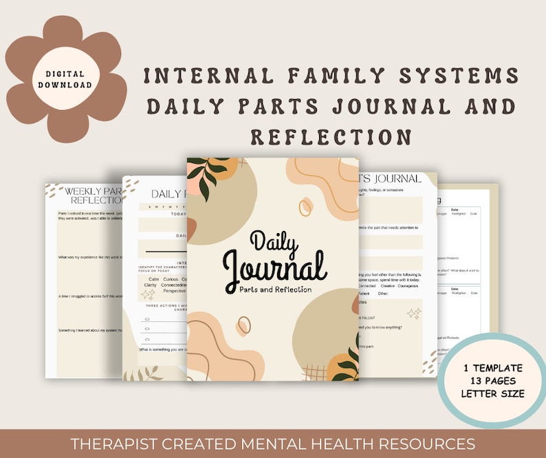 May include: A printable digital download of a journal for internal family systems therapy. The journal has a beige and orange abstract design with the text "Daily Journal Parts and Reflection".