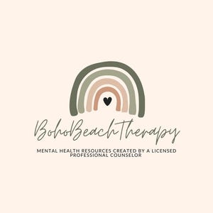 Pu&ograve; includere: Un logo per Boho Beach Therapy, una risorsa per la salute mentale creata da un consulente professionale autorizzato. Il logo presenta un arcobaleno con un cuore al centro, in tonalit&agrave; di verde, rosa e marrone.