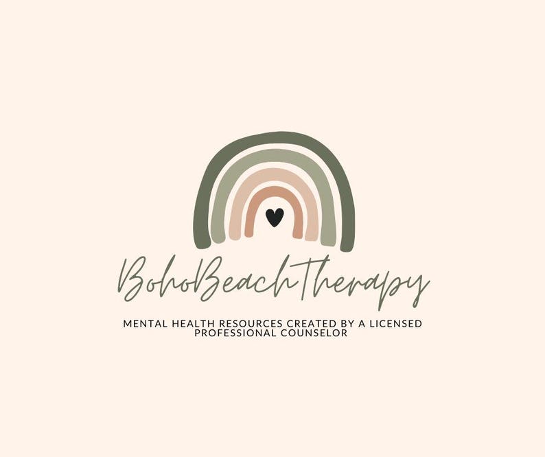 Pu&ograve; includere: Un logo per Boho Beach Therapy, una risorsa per la salute mentale creata da un consulente professionale autorizzato. Il logo presenta un arcobaleno con un cuore al centro, in tonalit&agrave; di verde, rosa e marrone.