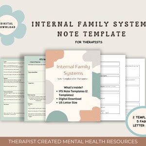Könnte beinhalten: Ein druckbarer digitaler Download von zwei Notizvorlagen für das Innere Familiensystem für Therapeuten. Die Vorlagen sind im US-Letter-Format und haben ein Peach- und Teal-Farbschema mit abstrakten Formen.