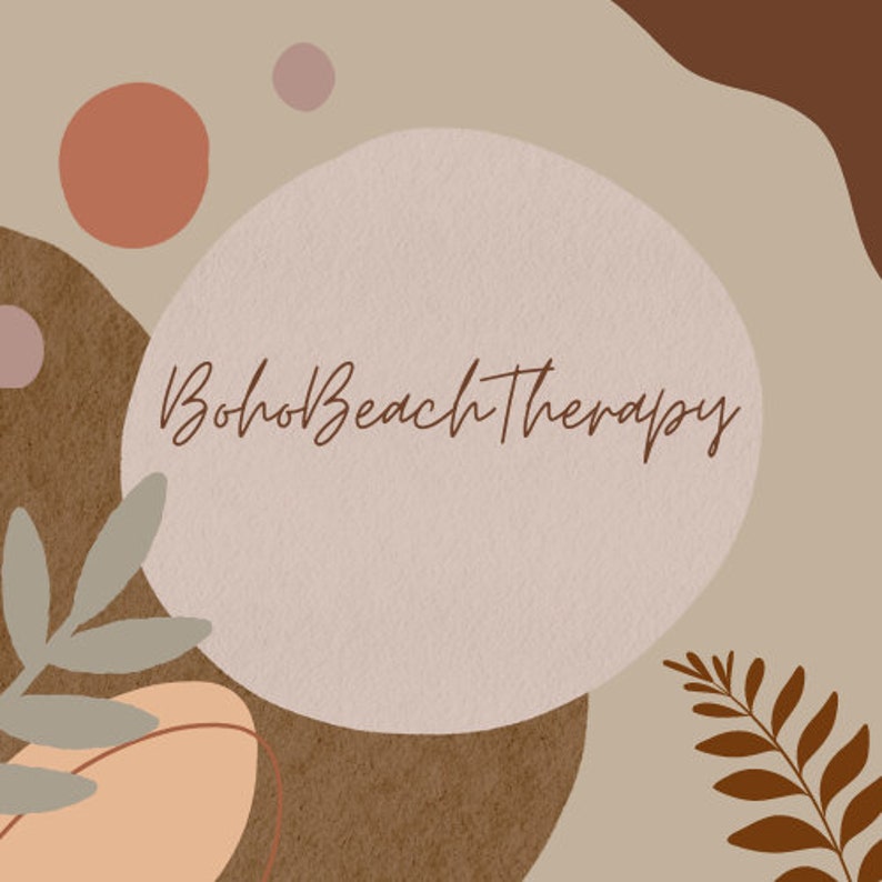 May include: A beige background with brown, peach, and gray abstract shapes. The text "Boho Beach Therapy" is written in cursive on a light pink circle.