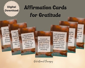 May include: Set of eight digital affirmation cards with a nature-inspired background. The cards feature positive affirmations about gratitude, growth, and self-love. The text on the cards is in a white font.