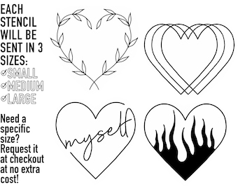 May include: Four different heart-shaped stencils, each with a unique design. The stencils are black and white and include a wreath of leaves, a triple heart, a heart with the word "myself" written inside, and a heart with flames.