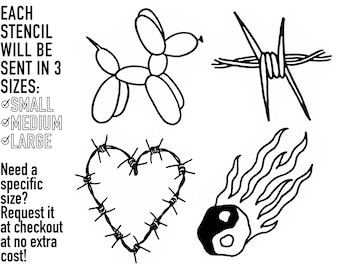May include: Four black and white stencil designs: a balloon animal dog, barbed wire, a barbed wire heart, and a yin yang symbol with flames. Each stencil is available in small, medium, and large sizes.