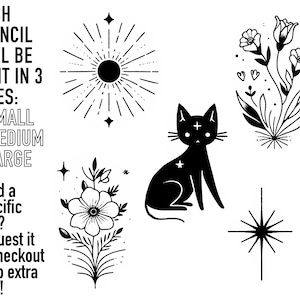 Könnte beinhalten: Schwarz-weiße Illustrationen einer Katze, einer Sonne mit Strahlen, eines Sterns und zweier Blumenmuster. Der Text "EACH STENCIL WILL BE SENT IN 3 SIZES: SMALL MEDIUM LARGE Need a specific size? Request it at checkout at no extra cost!" ist ebenfalls enthalten.