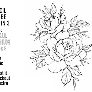 Może przedstawiać: Czarno-biały rysunek liniowy dwóch róż z liśćmi. Każdy szablon zostanie wysłany w 3 rozmiarach: mały, średni i duży. Potrzebujesz konkretnego rozmiaru? Złóż zamówienie z prośbą o konkretny rozmiar bez dodatkowych kosztów!