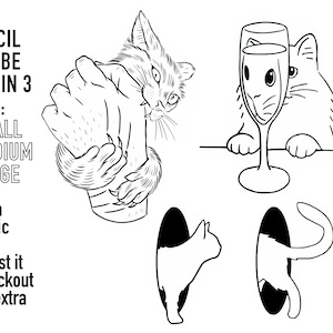 Könnte beinhalten: Schwarz-weiße Strichzeichnungen von Katzen und einem Glas Champagner. Der Text lautet "EACH STENCIL WILL BE SENT IN 3 SIZES: SMALL MEDIUM LARGE Need a specific size? Request it at checkout at no extra cost!"