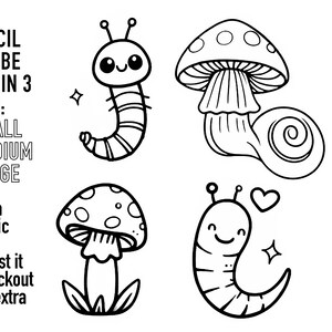 Può includere: Illustrazioni in bianco e nero di linea di un fungo, una lumaca e un bruco. Ogni stencil è disponibile in dimensioni piccole, medie e grandi.  "Hai bisogno di una dimensione specifica? Richiedila al checkout senza costi aggiuntivi!"