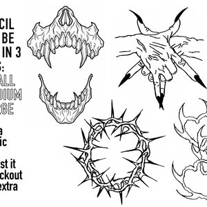 May include: Black and white line art tattoo stencils featuring a skull, a hand with claws, a crown of thorns, and two intertwined hearts. The text "EACH STENCIL WILL BE SENT IN 3 SIZES: SMALL MEDIUM LARGE Need a specific size? Request it at checkout at no extra cost!" is also included.
