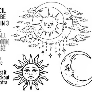 Pre-Made Stencils, Ready to Use, Pre Printed, Handpoke Tattoo or Machine. Professional, Studio Grade. Moon, Sun, stars
