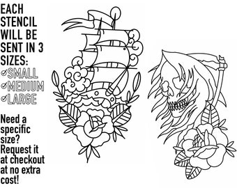 May include: Two black and white line art tattoo stencils. One stencil is of a ship with a rose and leaves. The other stencil is of a skull with a scythe and a rose. The text on the image reads: "EACH STENCIL WILL BE SENT IN 3 SIZES: SMALL MEDIUM LARGE Need a specific size? Request it at checkout at no extra cost!"