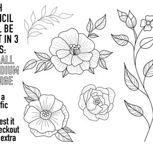 Könnte beinhalten: Schwarz-weiße Blumen-Schablonen in Linienkunst. Jede Schablone ist in drei Größen erhältlich: klein, mittel und groß. Benötigen Sie eine bestimmte Größe? Fordern Sie sie an der Kasse ohne zusätzliche Kosten an!