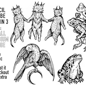 Pre-Made Stencils, Ready to Use, Pre Printed, Handpoke Tattoo or Machine. Professional, Studio Grade. Cats, frogs, mushrooms, toad, moon