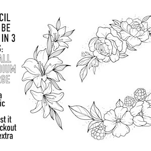 Può includere: Stencil floreali in bianco e nero in linea d'arte. Ogni stencil è disponibile in tre dimensioni: piccolo, medio e grande. Hai bisogno di una dimensione specifica? Richiedila al momento del checkout senza costi aggiuntivi!