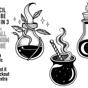 Puede incluir: Tres ilustraciones en blanco y negro de botellas de poción con un tema mágico y caprichoso. Las botellas están llenas de un líquido oscuro y tienen diseños en espiral. El texto "EACH STENCIL WILL BE SENT IN 3 SIZES: SMALL MEDIUM LARGE Need a specific size? Request it at checkout at no extra cost!" es visible en la imagen.