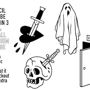 Op de afbeelding: Zwart-witte lijntekeningen van een geest, een schedel met een dolk erdoorheen, een hart met een dolk erdoorheen en een deur met een uitgangsbord. De tekst "EACH STENCIL WILL BE SENT IN 3 SIZES: SMALL MEDIUM LARGE Need a specific size? Request it at checkout at no extra cost!" is ook inbegrepen.