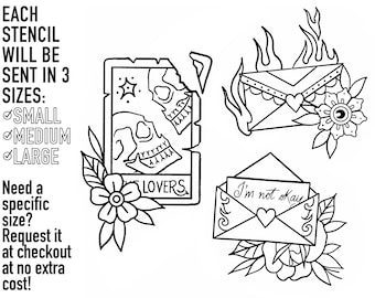 May include: Three black and white tattoo stencils featuring a skull with the word "LOVERS" on a card, a burning envelope with a heart, and an envelope with the text "I'm not okay" and a heart. The stencils are available in small, medium, and large sizes.