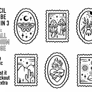 May include: Six black and white illustrations of various designs, including a butterfly, mushrooms, a vase with flowers, a cactus, a heart with flames, and planets. Each illustration is framed in a decorative border and labelled with the text "EACH STENCIL WILL BE SENT IN 3 SIZES: SMALL MEDIUM LARGE Need a specific size? Request it at checkout at no extra cost!"