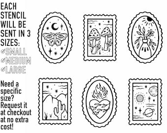 May include: Six black and white illustrations of various designs, including a butterfly, mushrooms, a vase with flowers, a cactus, a heart with flames, and planets. Each illustration is framed in a decorative border and labeled with the text "EACH STENCIL WILL BE SENT IN 3 SIZES: SMALL MEDIUM LARGE Need a specific size? Request it at checkout at no extra cost!"