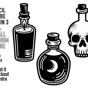 Puede incluir: Tres ilustraciones en blanco y negro de botellas de poción con tapones de corcho. Las botellas están llenas de líquido y tienen diferentes diseños. La primera botella tiene una llama de vela en su interior. La segunda botella tiene un diseño de luna creciente. La tercera botella tiene un diseño de calavera. El texto "EACH STENCIL WILL BE SENT IN 3 SIZES: SMALL MEDIUM LARGE Need a specific size? Request it at checkout at no extra cost!" es visible en la imagen.