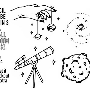 May include: Black and white line art illustration of a hand holding a string with a planet attached to it. There is a telescope, a moon, and a galaxy in the background. The text "EACH STENCIL WILL BE SENT IN 3 SIZES: SMALL MEDIUM LARGE Need a specific size? Request it at checkout at no extra cost!" is also included in the image.