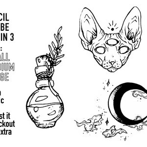 Pre-Made Stencils, Ready to Use, Pre Printed, Handpoke Tattoo or Machine. Professional, Studio Grade. Cat, moon, potion bottle
