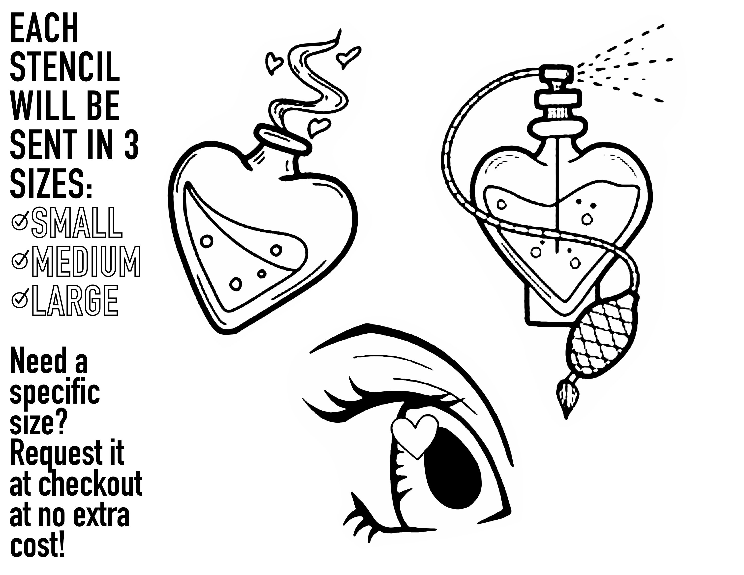 Pre-Made Stencils, Ready to Use, Pre Printed, Handpoke Tattoo or Machine. Professional, Studio Grade. Heart, potion bottles, anime eyes