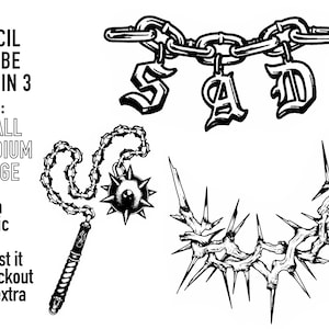 May include: Four black and white stencil designs: a chain with a spiked ball, a chain with the word "SAD" hanging from it, a thorny branch, and a whip with a spiked ball. Each stencil is available in three sizes: small, medium, and large.