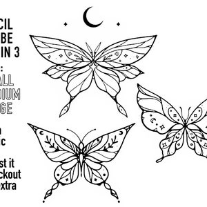 Pre-Made Stencils, Ready to Use, Pre Printed, Handpoke Tattoo or Machine. Professional, Studio Grade. Butterflies, moon