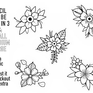 May include: Five black and white line art flower stencils. Each stencil is available in small, medium, and large sizes.  "EACH STENCIL WILL BE SENT IN 3 SIZES: SMALL MEDIUM LARGE Need a specific size? Request it at checkout at no extra cost!"