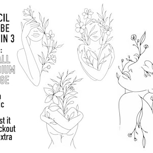 Peut inclure: Trois pochoirs en noir et blanc représentant des femmes avec des fleurs qui poussent de leur tête. Le texte "EACH STENCIL WILL BE SENT IN 3 SIZES: SMALL MEDIUM LARGE Need a specific size? Request it at checkout at no extra cost!" est dans le coin supérieur gauche de l'image.