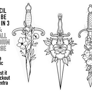 May include: Three black and white line drawings of a dagger with a rose design. Each stencil is available in small, medium, and large sizes.  "EACH STENCIL WILL BE SENT IN 3 SIZES: SMALL MEDIUM LARGE Need a specific size? Request it at checkout at no extra cost!"